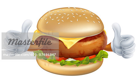 An illustration of a cartoon burger mascot with gloves doing thumbs up