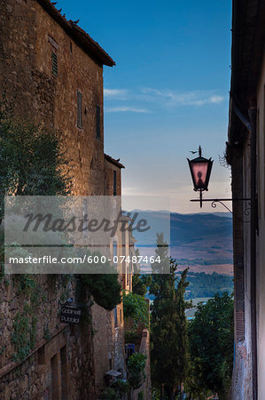 Street Lamp and Stone Buildings, Pienza, Val d'Orcia, Siena, Tuscany, Italy