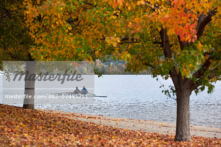 Australia, Australian Capital Territory (ACT), Canberra.  View through autumn leaves to rowers on Lake Burley Griffin.