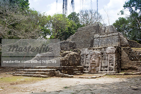 Central America, Belize, Orange Walk District, Lamanai, the Temple of the Masks (structure N9-56) showing  an Olmec-inspired early classic Mayan mask with crocodile headdress situated on the facade. The exposed mask, and its concealed counterpart at the left side of the stair, is unique in the Maya area being cut from blocks of limestone rather than sculpted from plaster. This temple is from the early Classic period