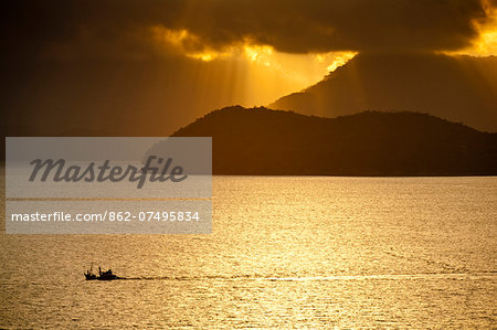 South America, Brazil, Green Coast (Costa Verde), Sao Paulo, Ubatuba, a fishing boat sails in front of rainforest-clad mountain spurs, both silhoutted against a golden sunset