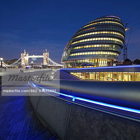 The City Hall is the headquarters of the Greater London Authority, it is located in Southwark, on the south bank of the River Thames near Tower Bridge, London