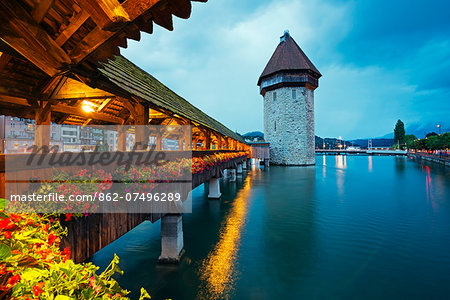 Europe, Switzerland, Lucerne, water tower and Kapellbrucke, Chapel Bridge on the Reuss River