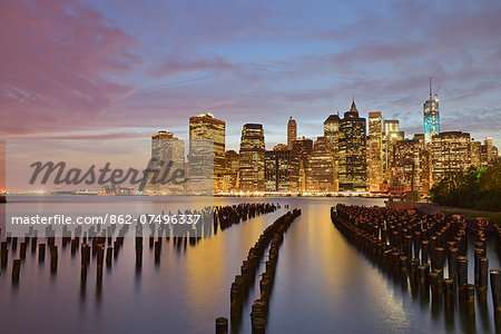 Looking out from Brooklyn Park to Lower Manhatten, New York, USA