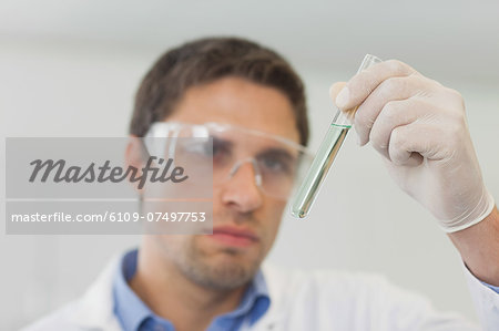 Young male scientist looking at small test tube in laboratory