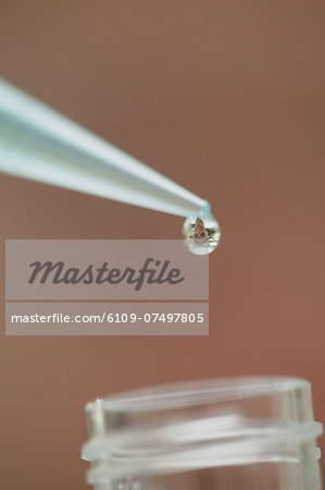 Extreme close up of pipette and drop reflecting student over test tube at college