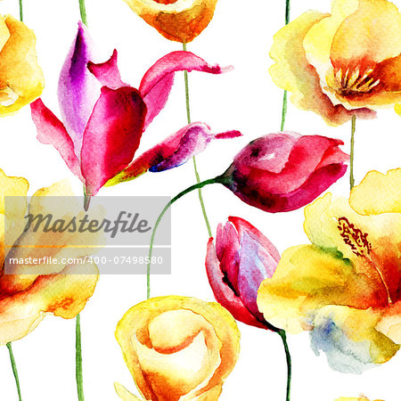Seamless pattern with Poppy and Tulips flowers, watercolor illustration