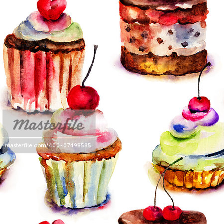 Seamless pattern with cake, watercolor illustration