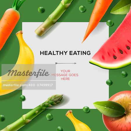 Healthy eating template with fruits, vegetables, vector Eps10.