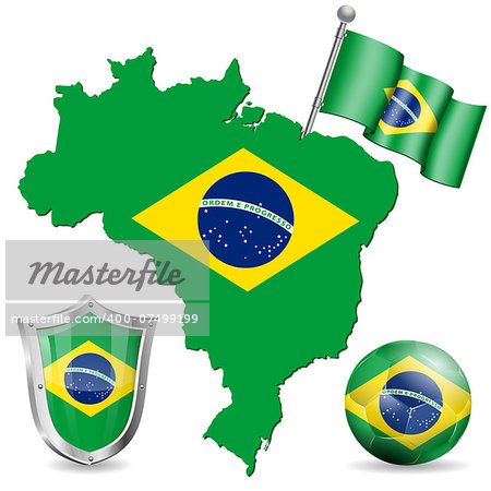 Flag, Coat of Arms, Soccer Ball and Map Brazil vector isolated on white background