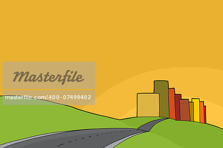 Cartoon of city and rural meadows background