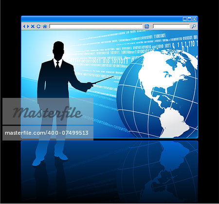 Businessman presenting Internet Browser with Globe Original Vector Illustration Businessmen Concept
