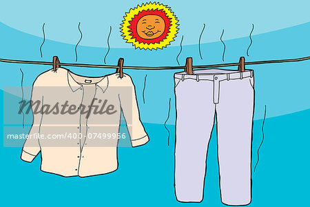 Damp clothes on clothesline drying under smiling sun