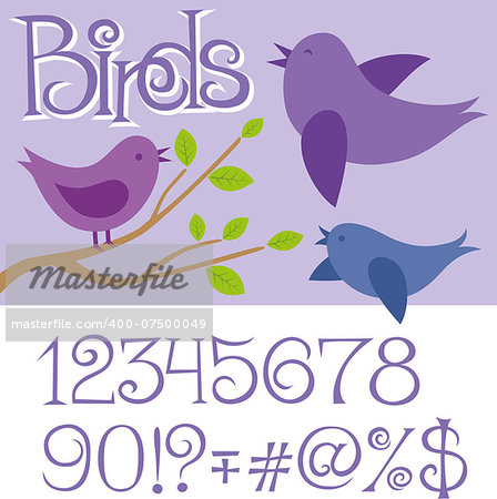 Vector card with birds and alphabet letters