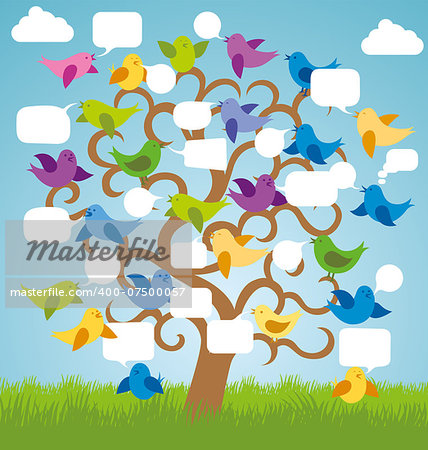 Vector card with birds and speech bubbles