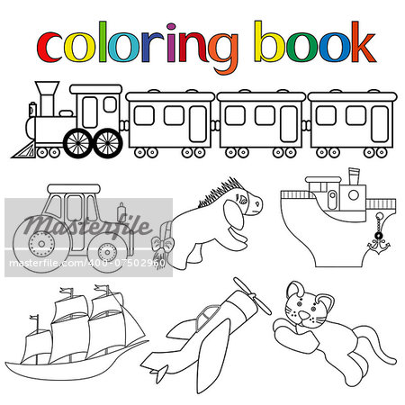 Set of different toys for coloring book with train with wagons, tractor, donkey, boat, sailboat, airplane and cat, cartoon vector illustration