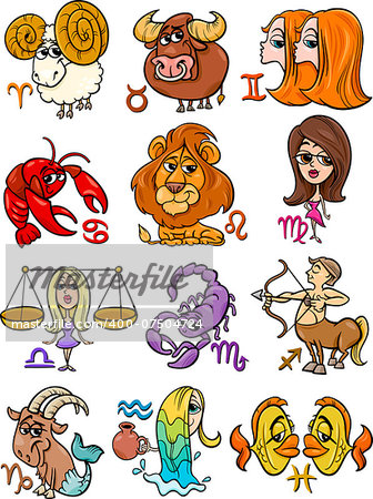 Cartoon Illustration of All Horoscope Zodiac Signs Set