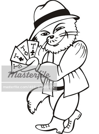Cat card-sharper. Black and white vector illustration in cartoon style.