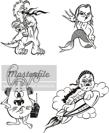 Comic creatures. Black and white vector illustration in cartoon style.