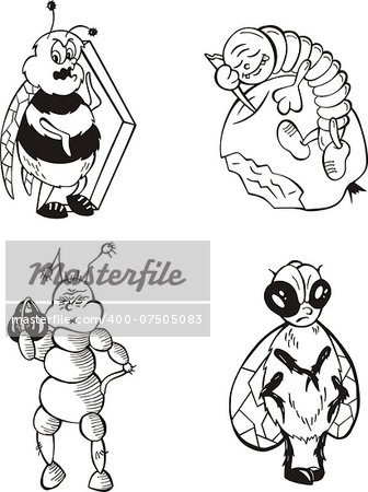 Funny insects. Black and white vector illustration in cartoon style.