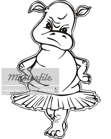 Dancing hippopotamus girl. Black and white vector illustration in cartoon style.