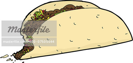 Single taco with missing bite over white background