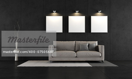 Black concrete room with modern couch and three blank canvas - rendering