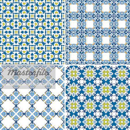 Set of four seamless pattern illustration in blue and white - like Portuguese tiles