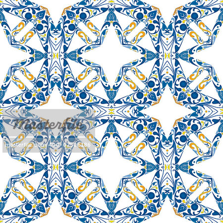 Seamless pattern illustration in blue and orange - like Portuguese tiles
