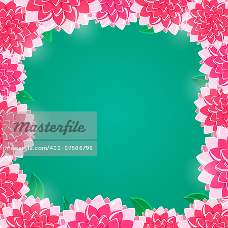 Pink Floral Frame with Shiny Flowers on Green Background. Vector Invitation Card
