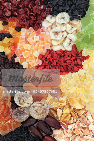Dried fruit selection forming an abstract background.
