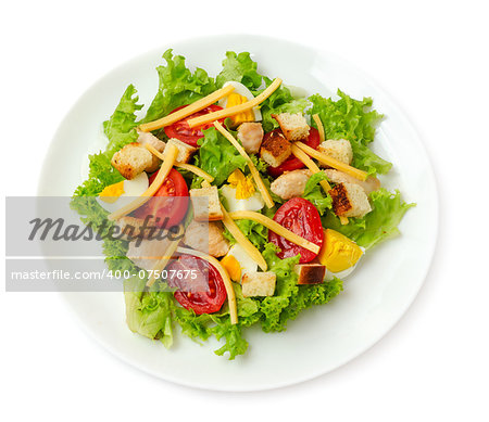 Classic Chicken Caesar Salad isolated on white background