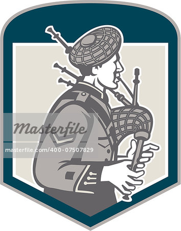 Illustration of a scotsman bagpiper playing bagpipes viewed from side set inside shield crest on isolated background done in retro woodcut style.