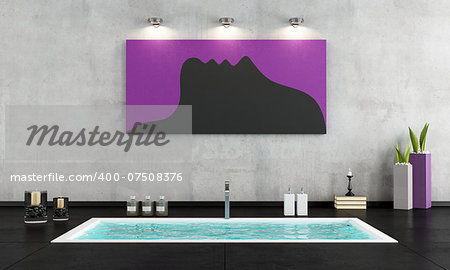 Minimalist bathroom with sunken bath in the concrete floor black- rendering- the art picture on wall is a my composition