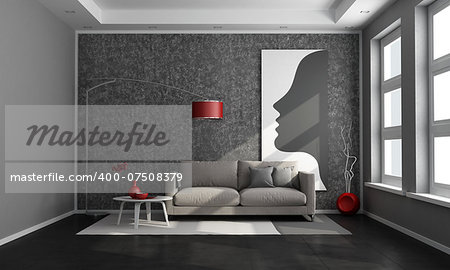 Black  room with modern couch and modern picture - rendering- the art work on wall is a my composition