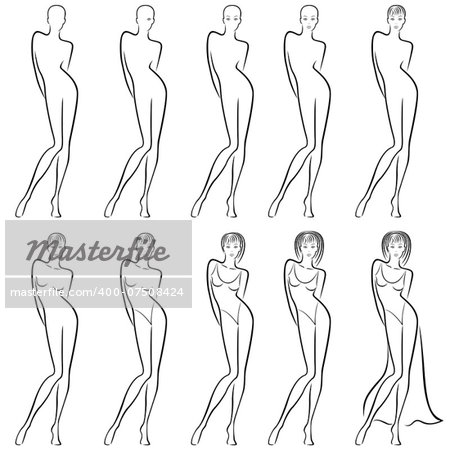 Sequence of hand drawing creation a beautiful female vector contour with ten steps. Model of each stage can be used as a self-contained image