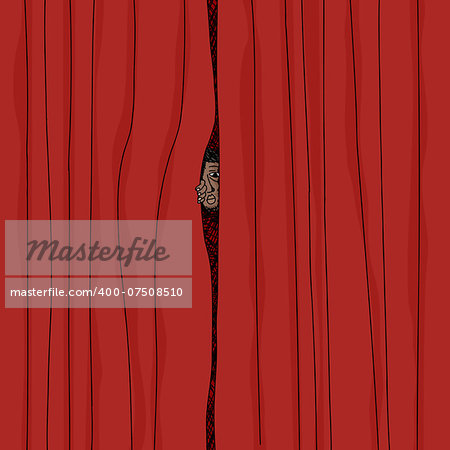 Cartoon of man peeking from behind red curtains