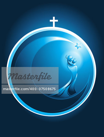 Round Christmas icon in the form of a glowing Xmas bauble decoration topped with a cross enclosing a stylized flowing figure of Mary and baby Jesus surrounded by a glowing halo