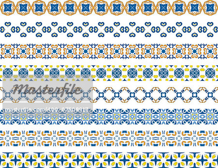 Set of eight illustrated decorative borders made of Portuguese tiles