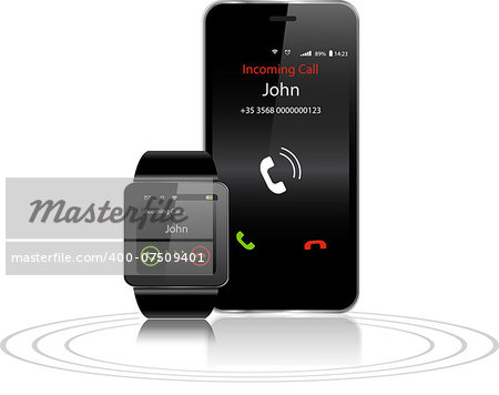 Black Touchscreen Smartwatch and Smartphone with incoming call on display