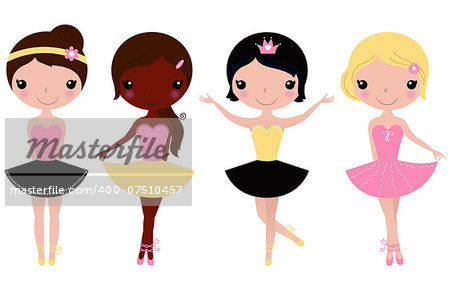 Happy multicultural ballerinas. Vector cartoon Illustration