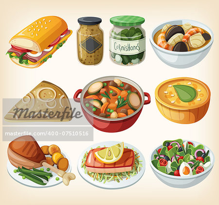 Collection of traditional french dinner meals. Vector