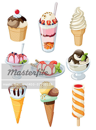 Set of tasty ice cream isolated on white background. Vector