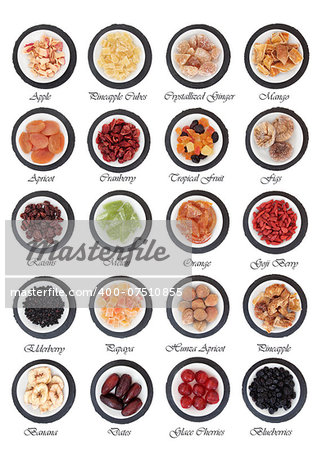 Large dried fruit selection in white bowls on slate rounds over white background with titles
