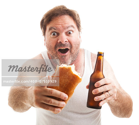 Scruffy man watching a sporting event, holding a sub sandwich and a beer.  Isolated on white.