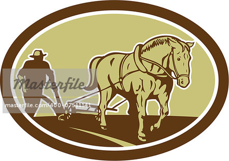 Illustration of farmer and horse plowing farmer field viewed from front set inside oval shape done in retro woodcut style on isolated background.