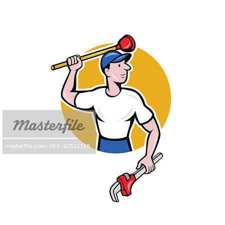 Illustration of a plumber wielding holding monkey wrench plunger done in cartoon style on isolated background.