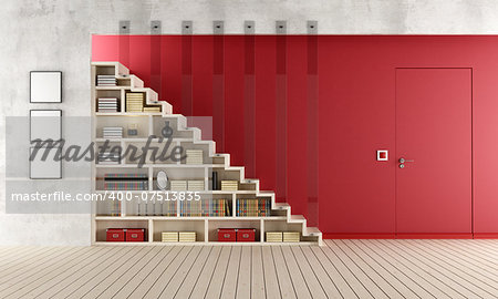Living room with a staircase, bookcase and door flush with the wall - rendering