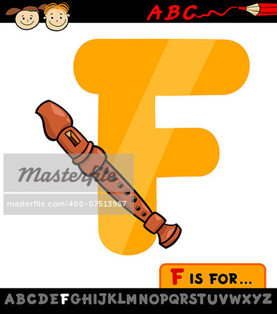 Cartoon Illustration of Capital Letter F from Alphabet with Flute for Children Education