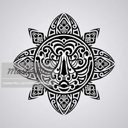 vector sun with tiger face in the centre,  tattoo sketch, Polynesian tattoo style